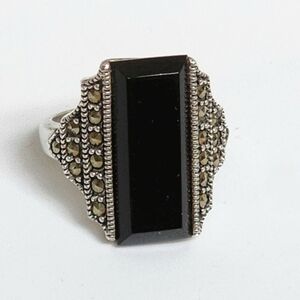 Art Deco Cocktail Ring Black Onyx Marcasite Sterling Silver Size 7